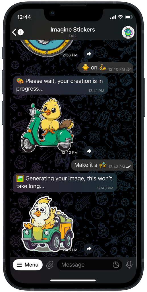 Screenshot of Telegram with example of sticker generation